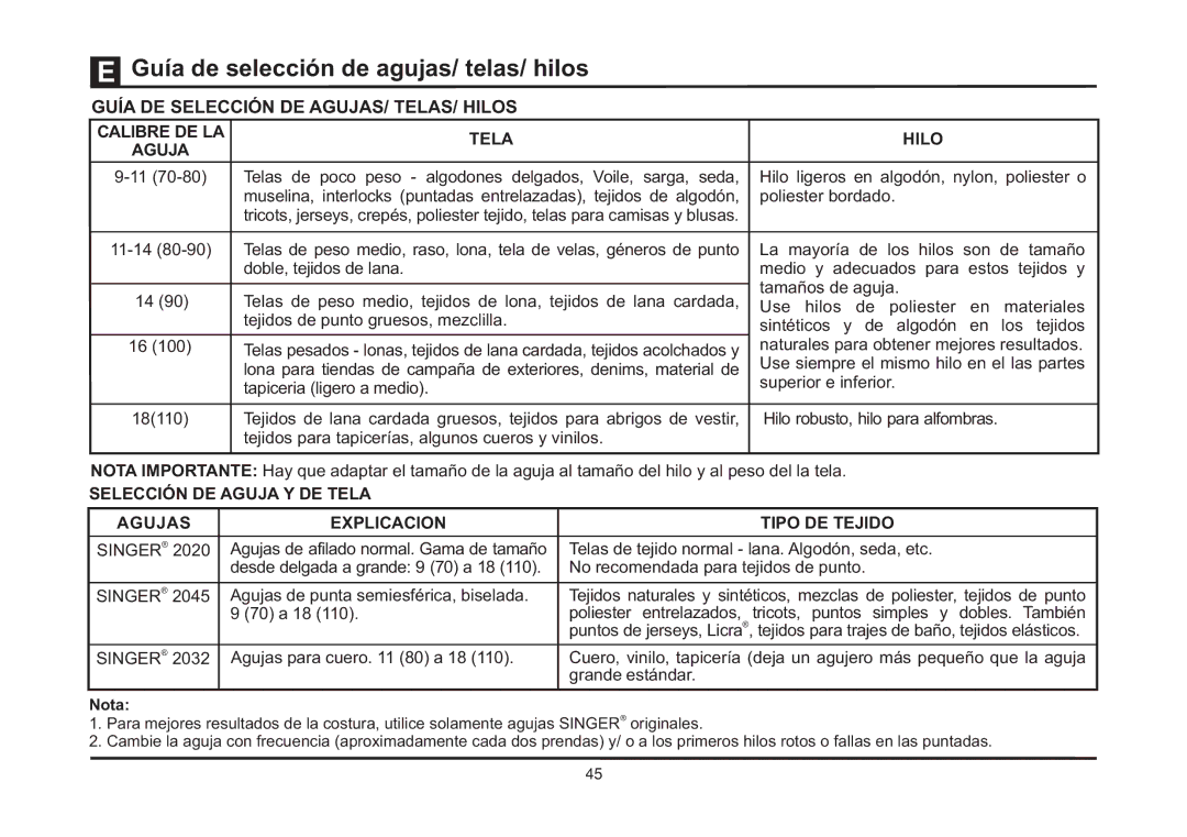 Singer 4411 instruction manual Guía de selección de agujas/ telas/ hilos, Nota 