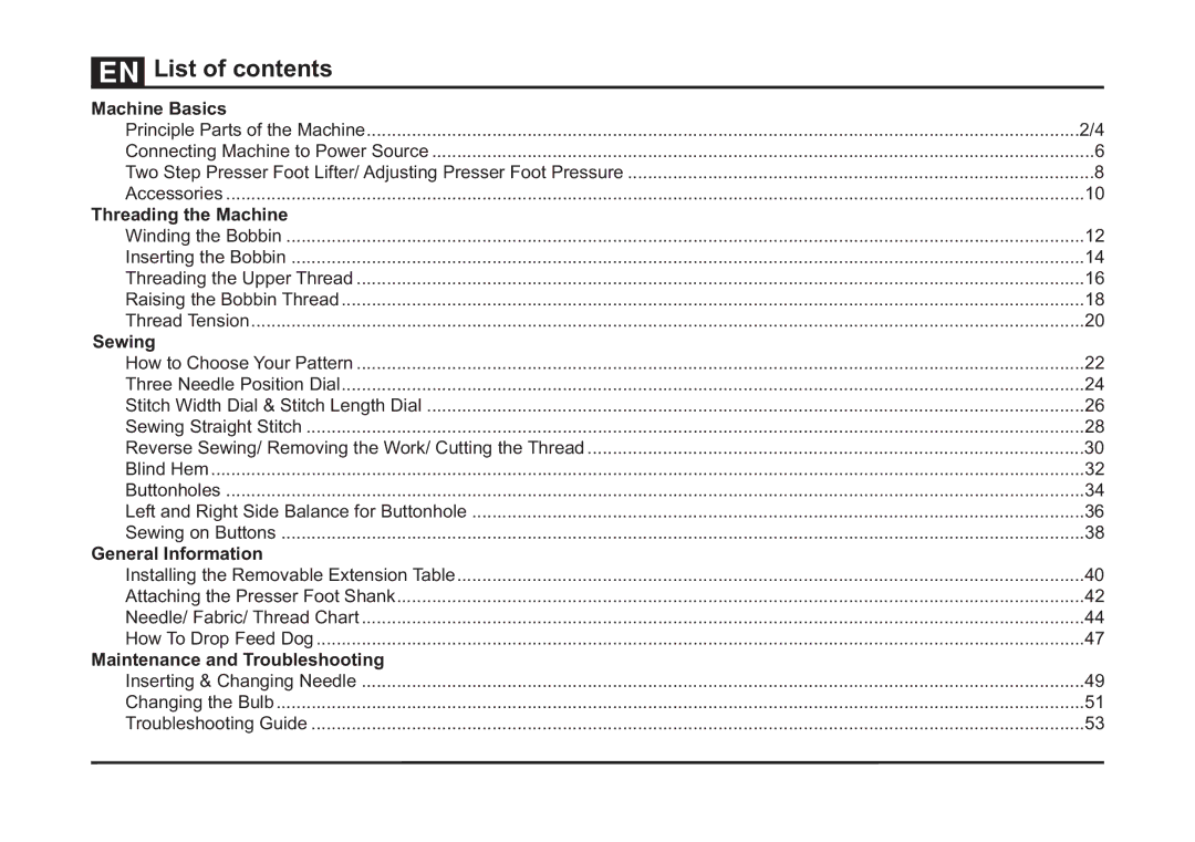 Singer 4411 instruction manual List of contents 