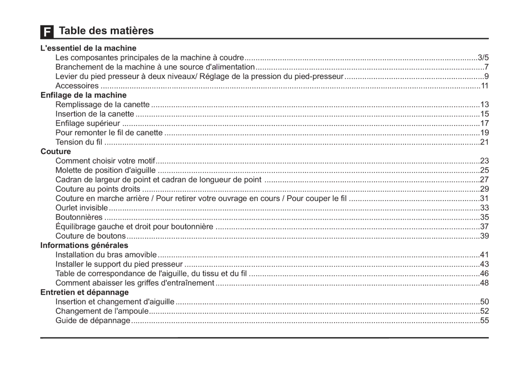 Singer 4411 instruction manual Table des matières 