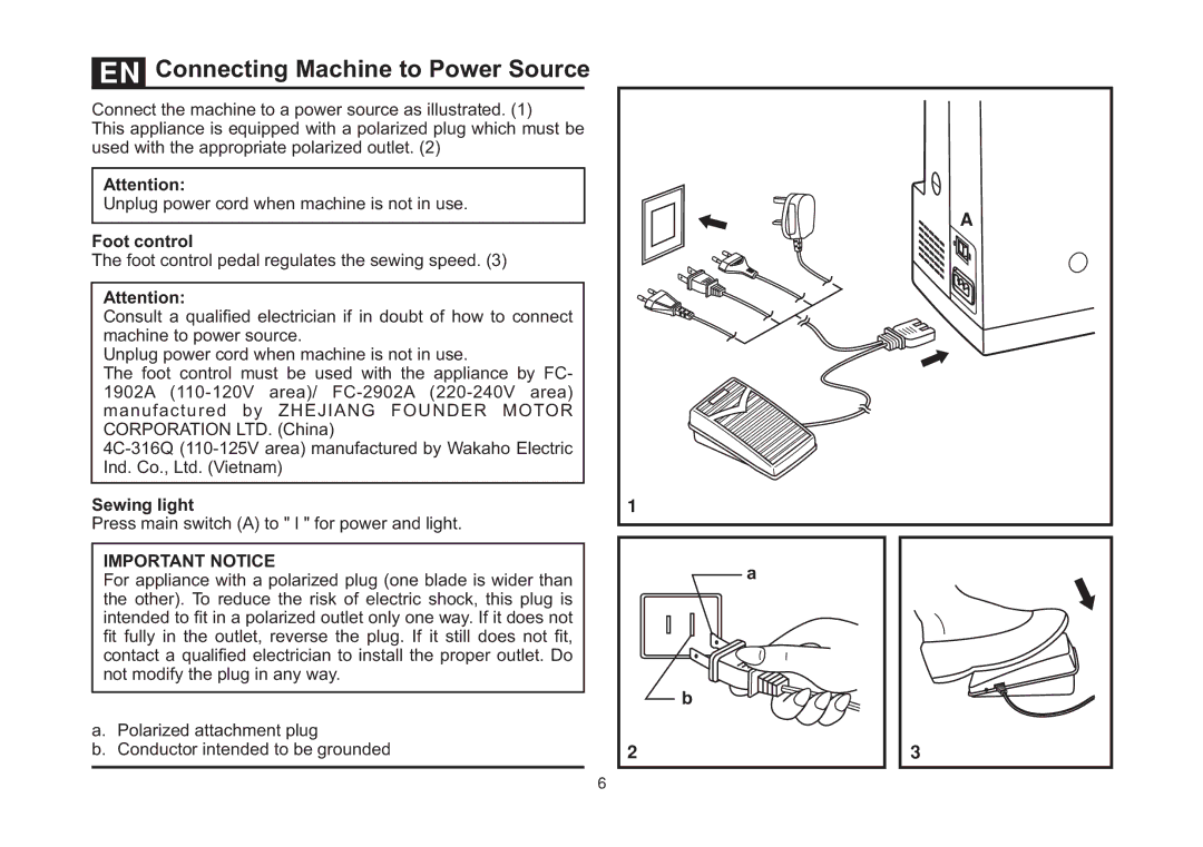 Singer 4423 instruction manual Connecting Machine to Power Source, Foot control, Sewing light 