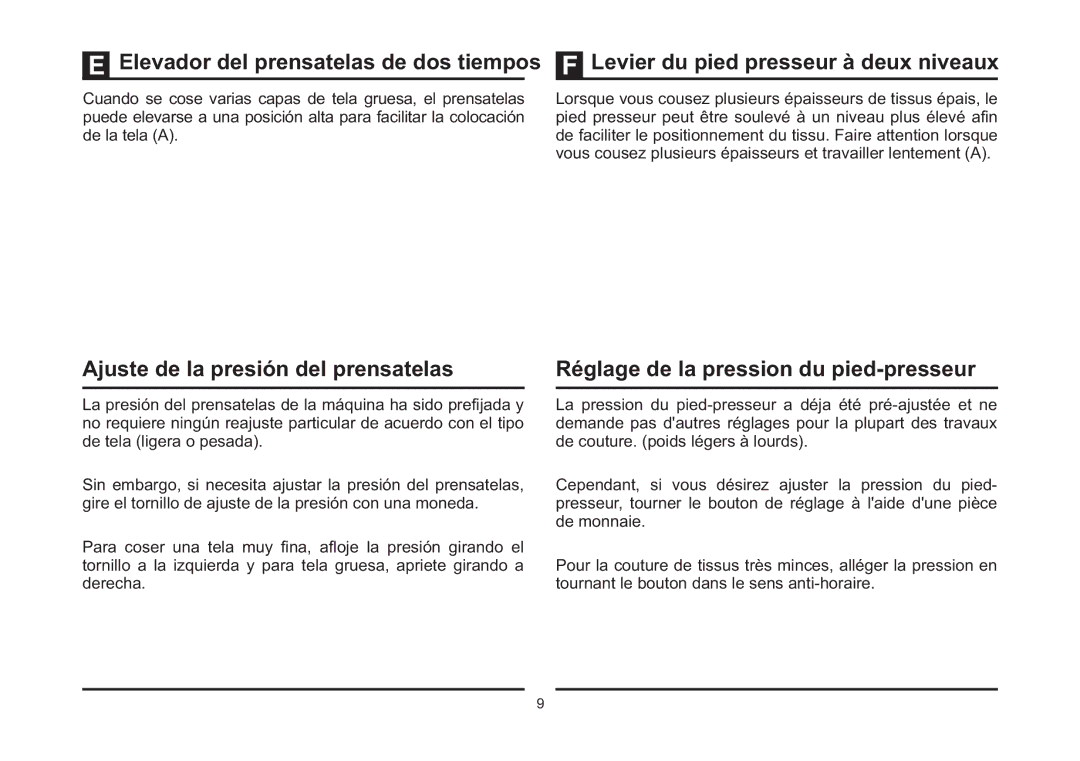 Singer 4423 instruction manual Ajuste de la presión del prensatelas, Réglage de la pression du pied-presseur 