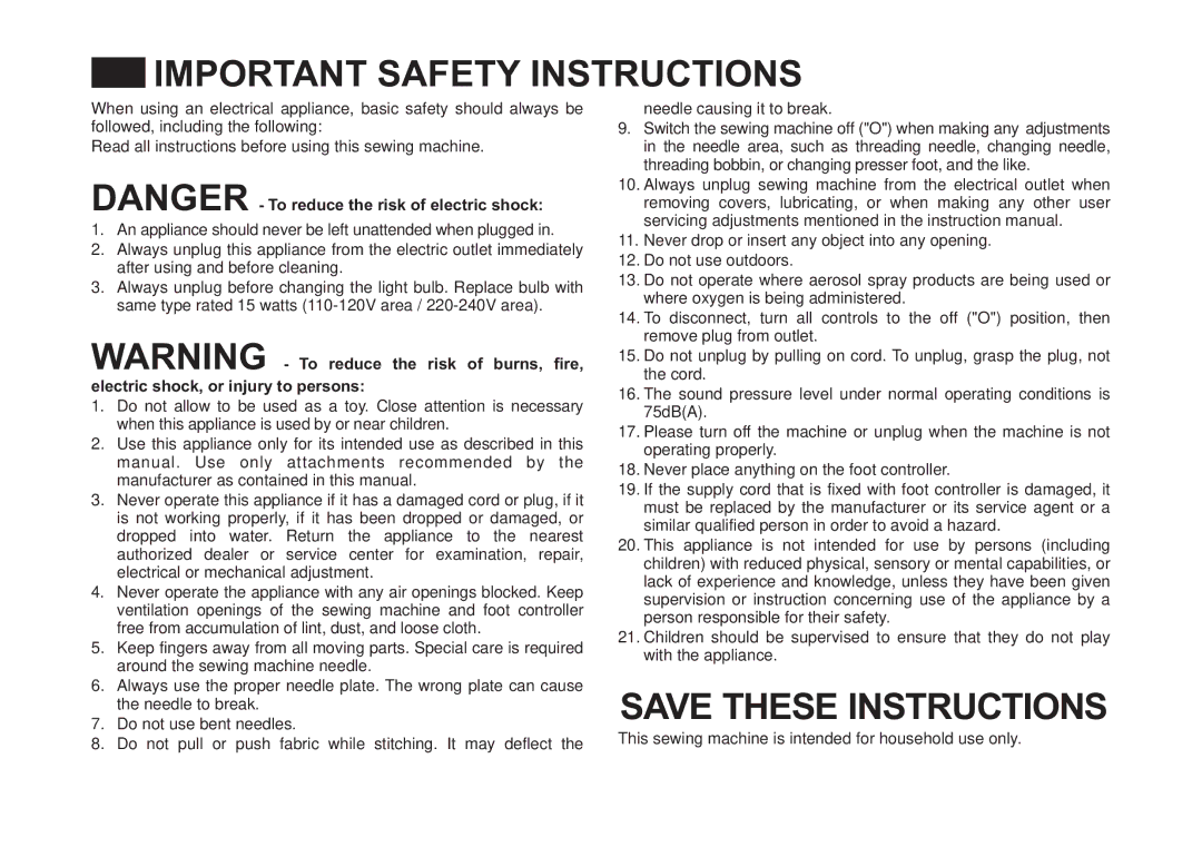 Singer 4423 instruction manual Important Safety Instructions 