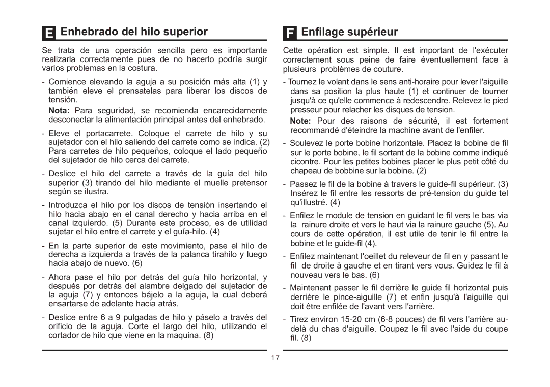 Singer 4423 instruction manual Enhebrado del hilo superior Enfilage supérieur 