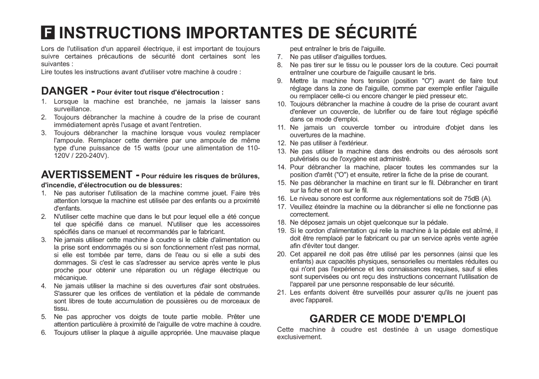 Singer 4423 instruction manual Instructions Importantes DE Sécurité 