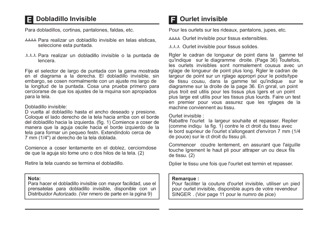 Singer 4423 instruction manual Dobladillo Invisible, Ourlet invisible, Remarque 