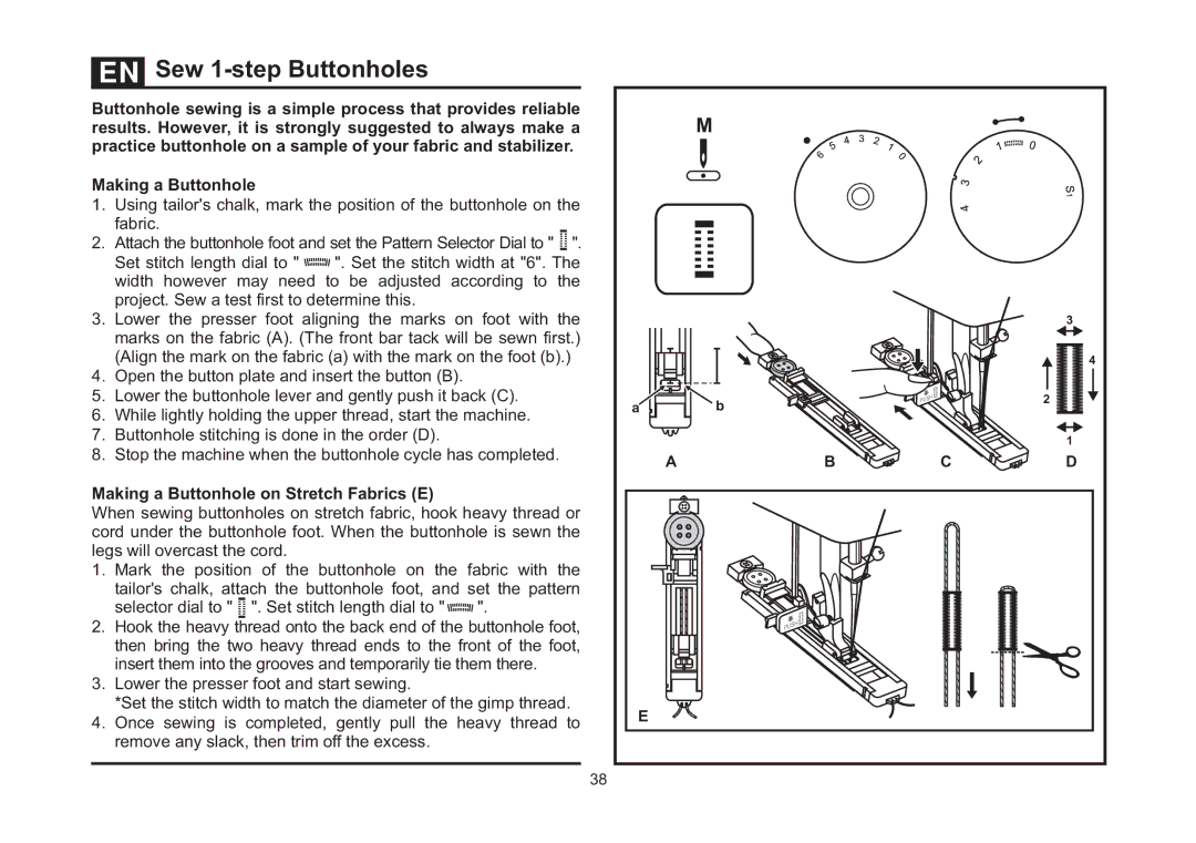 Singer 4423 instruction manual Sew 1-step Buttonholes, Making a Buttonhole on Stretch Fabrics E 
