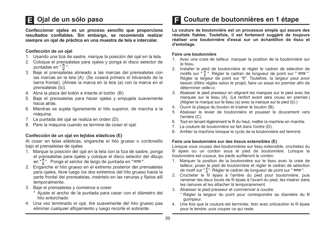 Singer 4423 instruction manual Ojal de un sólo paso, Couture de boutonnières en 1 étape, Confección de un ojal 