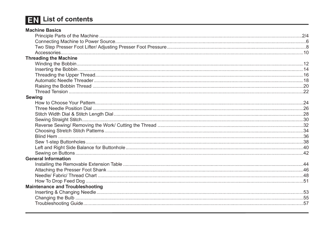 Singer 4423 instruction manual List of contents 