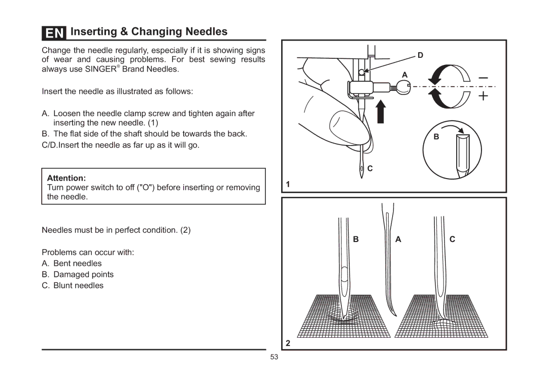 Singer 4423 instruction manual Inserting & Changing Needles 