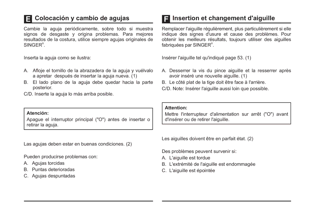 Singer 4423 instruction manual Colocación y cambio de agujas, Insertion et changement daiguille 