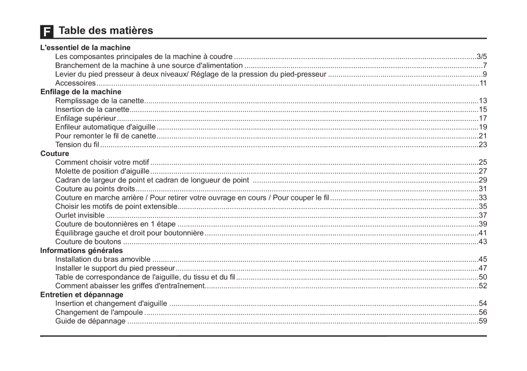 Singer 4423 instruction manual Table des matières 