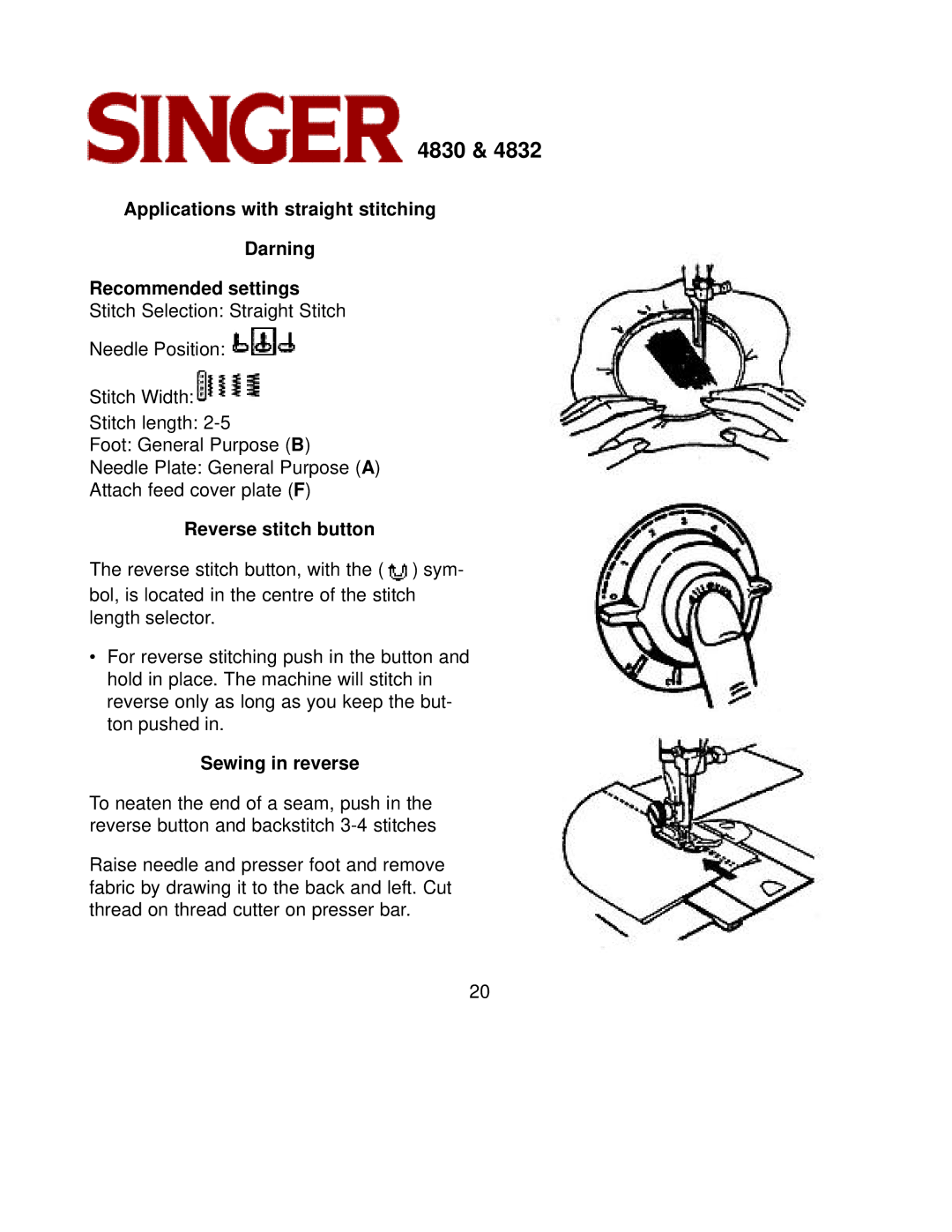 Singer 4830, 4832 instruction manual Reverse stitch button, Sewing in reverse 