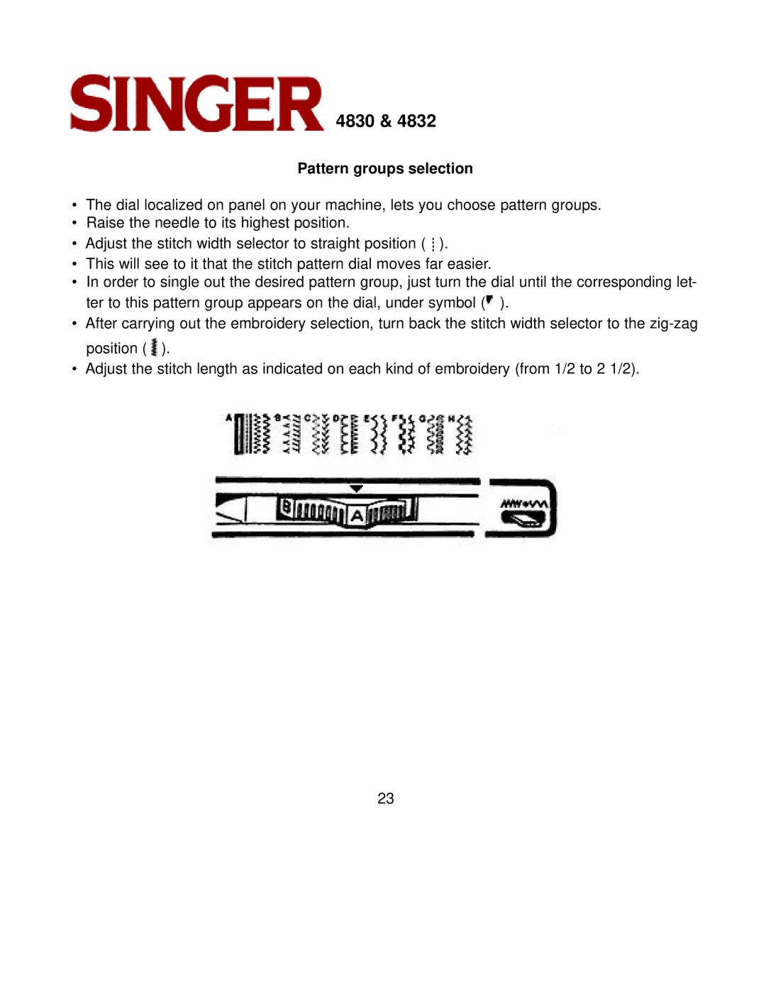 Singer 4832, 4830 instruction manual Pattern groups selection 