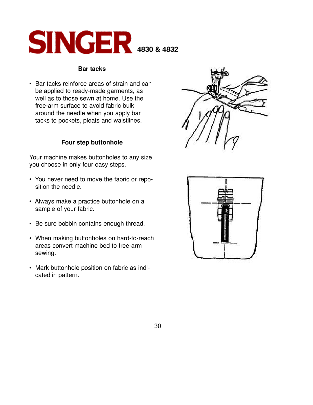 Singer 4830, 4832 instruction manual Bar tacks, Four step buttonhole 