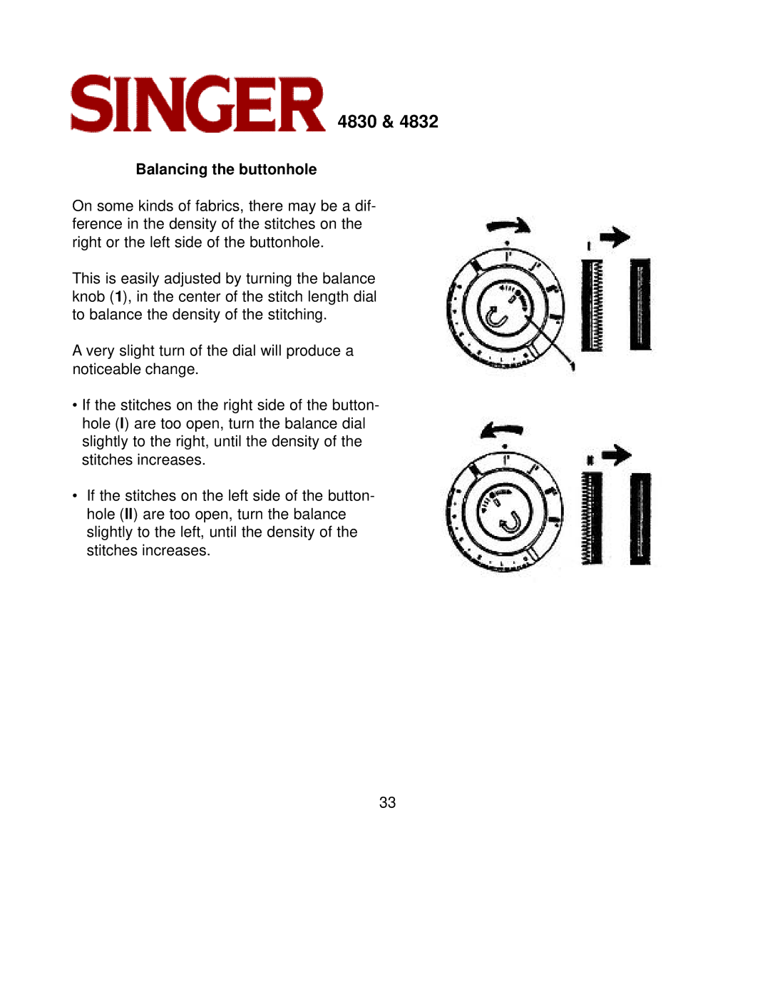 Singer 4832, 4830 instruction manual Balancing the buttonhole 