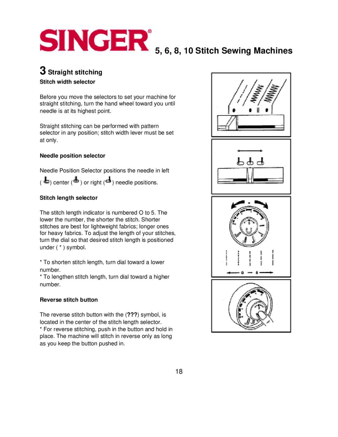 Singer 8, 5, 6, 10 Straight stitching, Stitch width selector, Needle position selector, Stitch length selector 