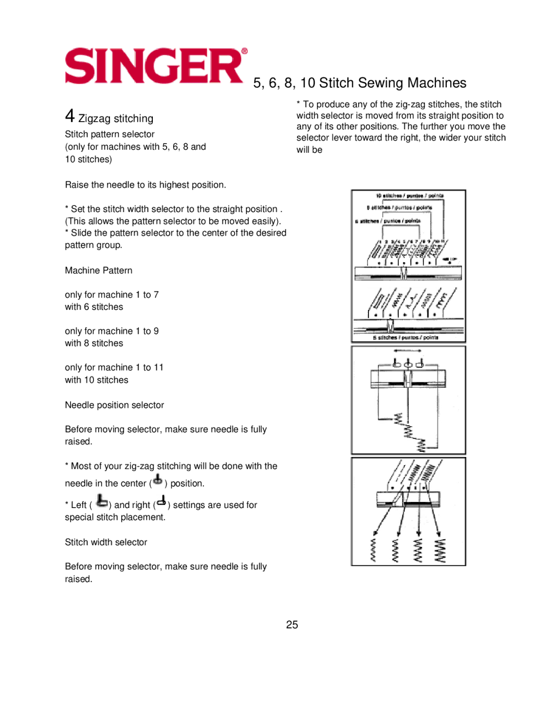 Singer 6, 5, 8, 10 instruction manual Zigzag stitching, Machine Pattern 