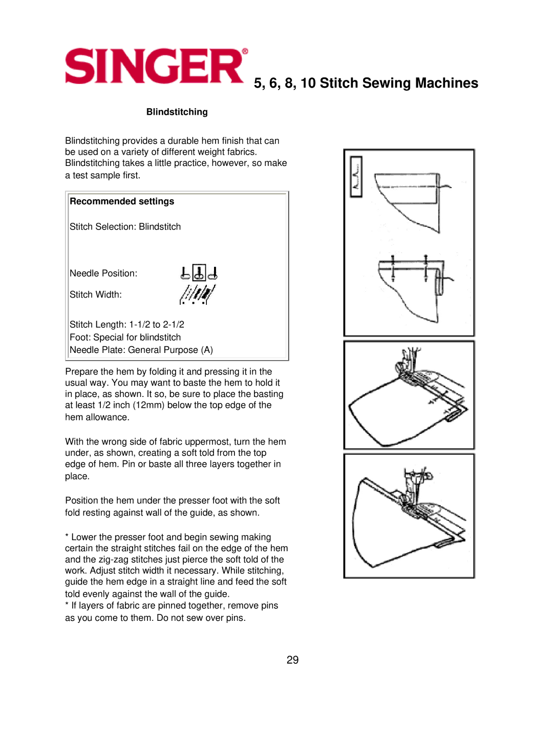 Singer 6, 5, 8, 10 instruction manual Blindstitching 