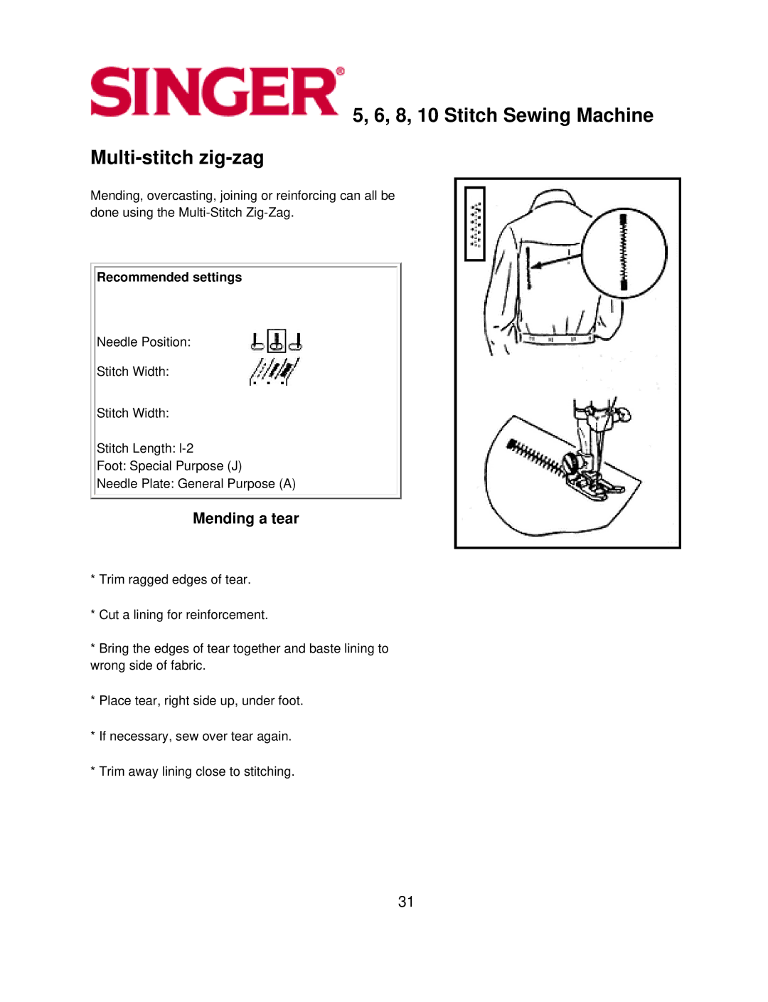 Singer 5, 6 instruction manual 8, 10 Stitch Sewing Machine Multi-stitch zig-zag, Mending a tear 