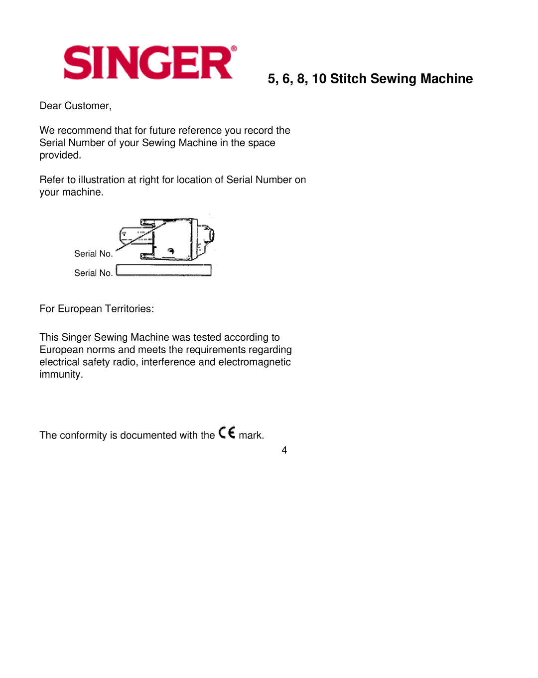 Singer 5, 6, 8, 10 instruction manual Serial No 