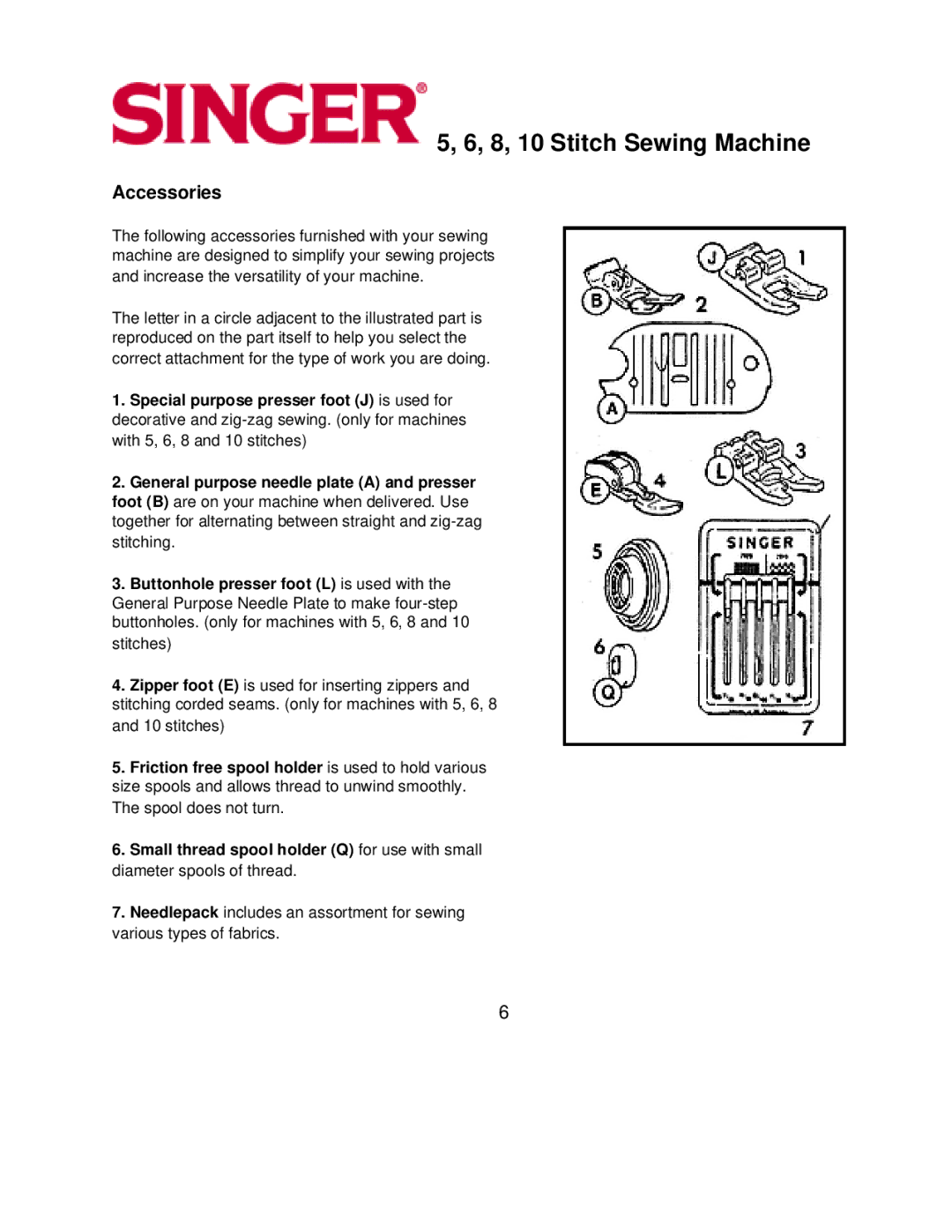 Singer 8, 5, 6, 10 instruction manual Accessories 