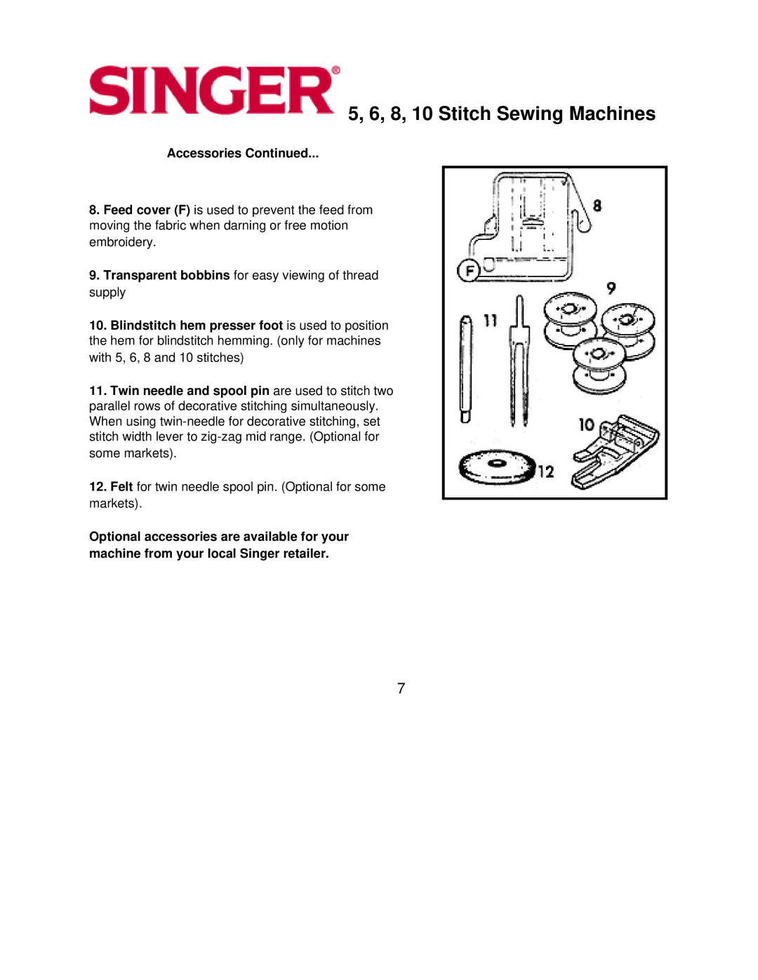 Singer 5, 6 instruction manual 8, 10 Stitch Sewing Machines, Accessories 