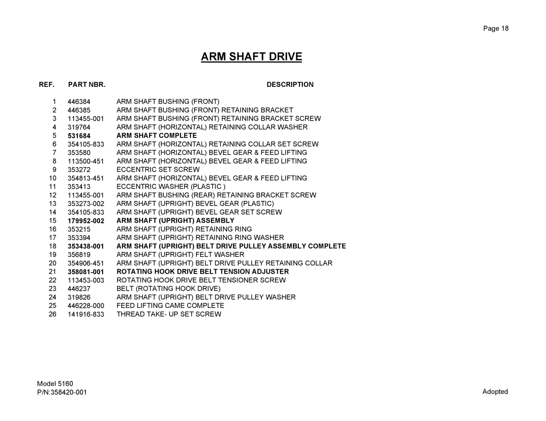 Singer 5160 manual ARM Shaft Drive, ARM Shaft Complete, 15 179952-002 ARM Shaft Upright Assembly 