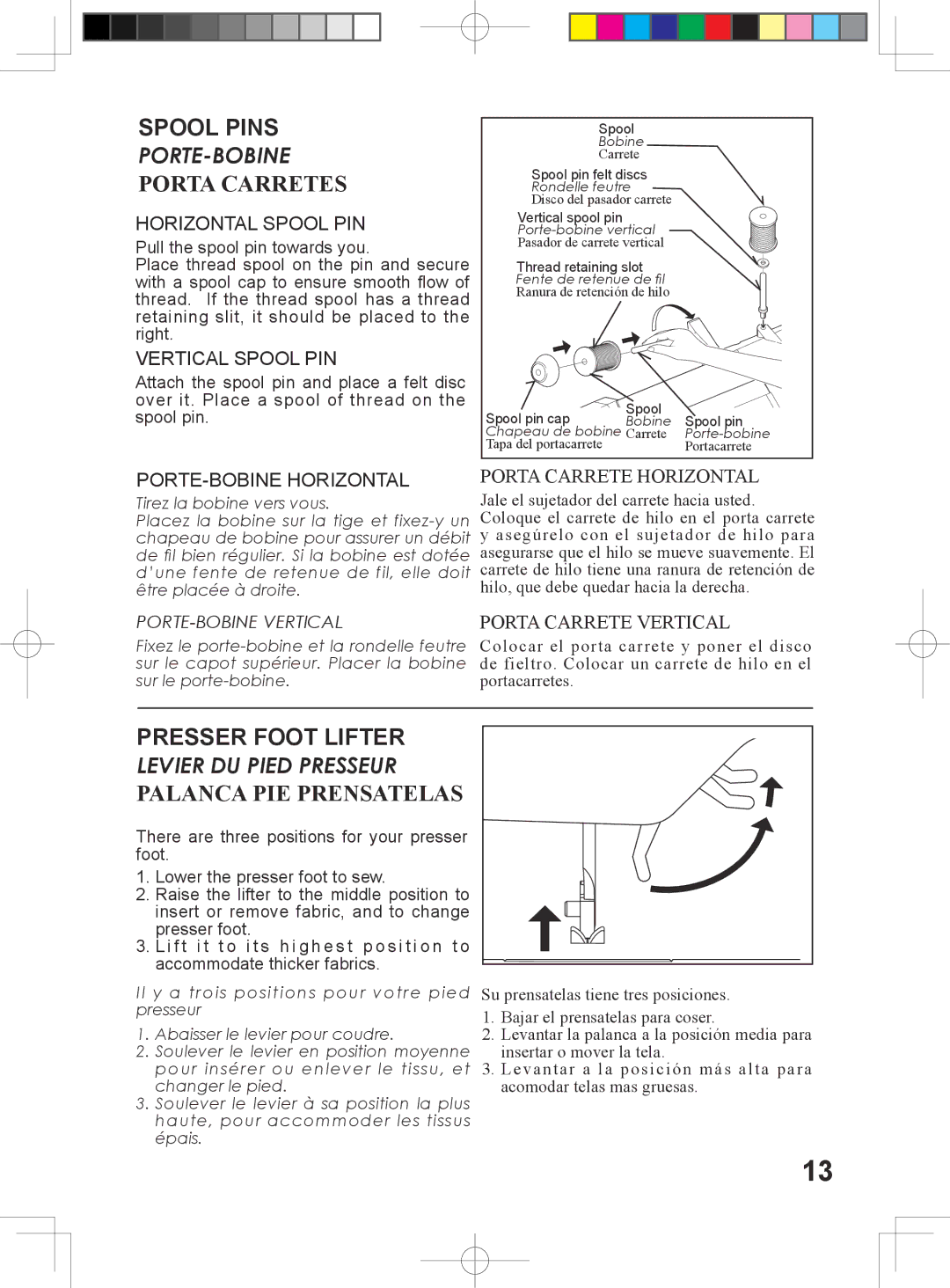 Singer 5400 instruction manual Spool Pins, Porta Carretes, Presser Foot Lifter, Palanca PIE Prensatelas 