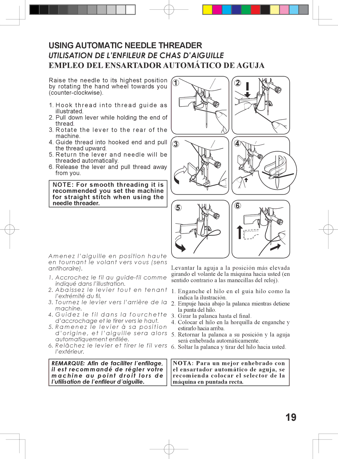 Singer 5400 instruction manual Using Automatic Needle Threader, Empleo DEL Ensartador Automático DE Aguja 