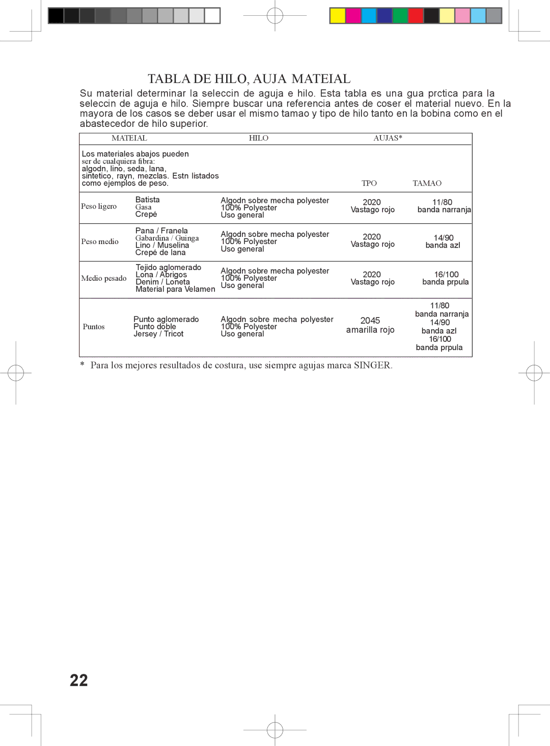 Singer 5400 instruction manual Tabla DE HILO, Aguja Y Material, Material Hilo Agujas 