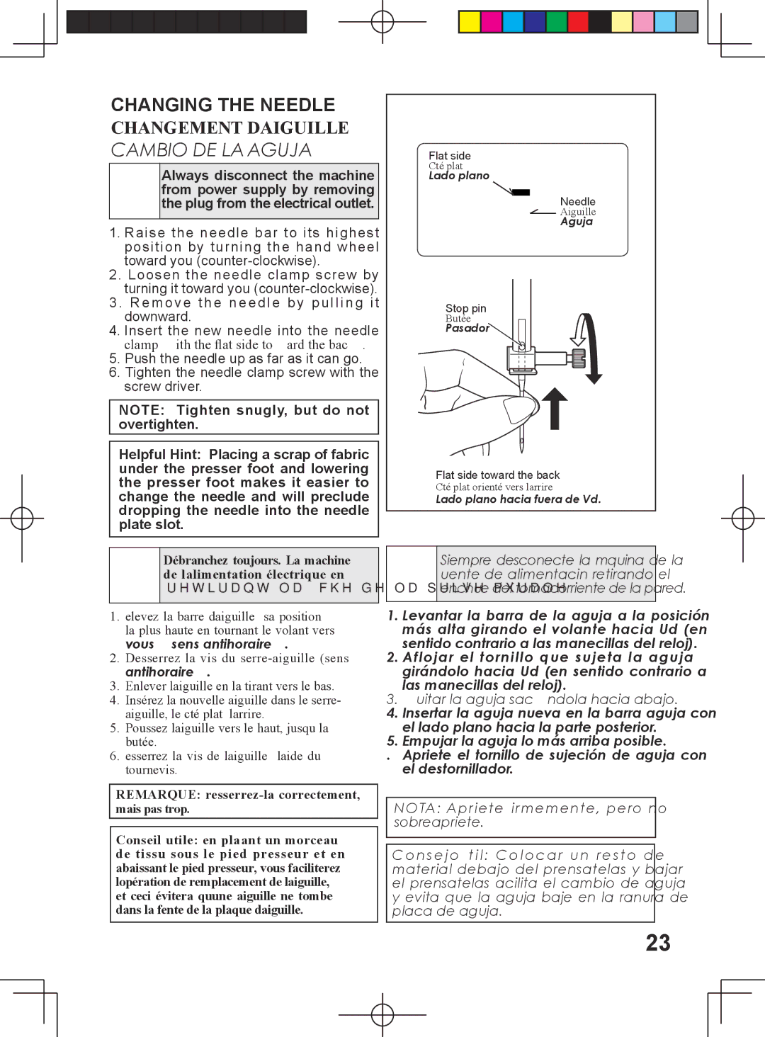 Singer 5400 instruction manual Changing the Needle, Cambio DE LA Aguja 