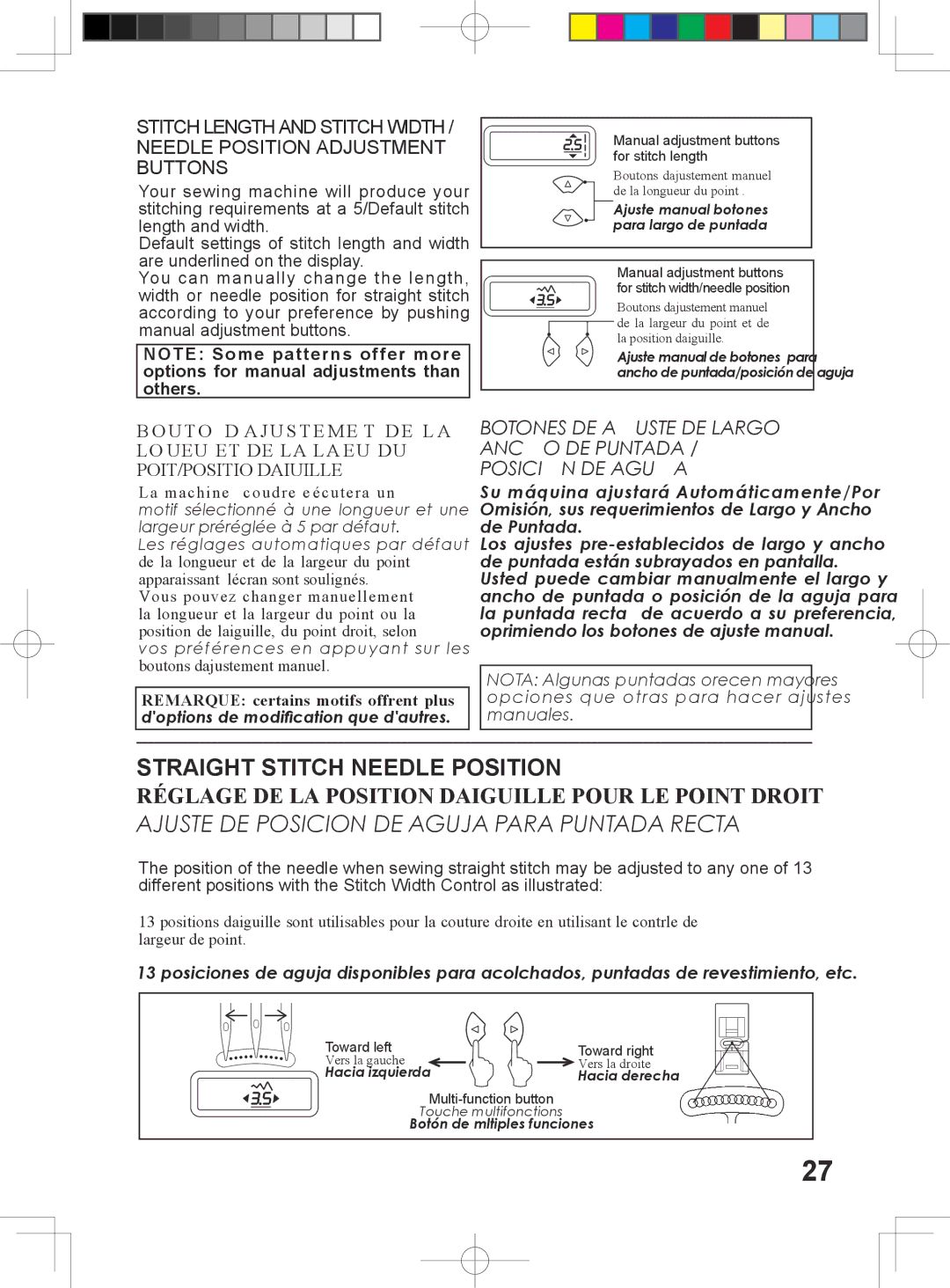 Singer 5400 instruction manual Straight Stitch Needle Position, Ajuste DE Posicion DE Aguja Para Puntada Recta 