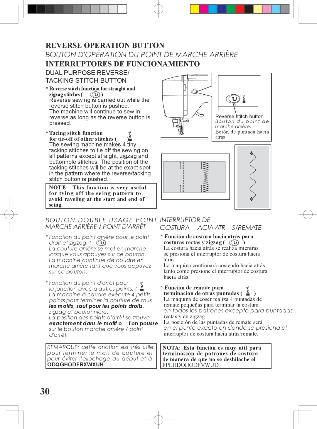 Singer 5400 Reverse Operation Button, Interruptores DE Funcionamiento, Dual Purpose Reverse Tacking Stitch Button 