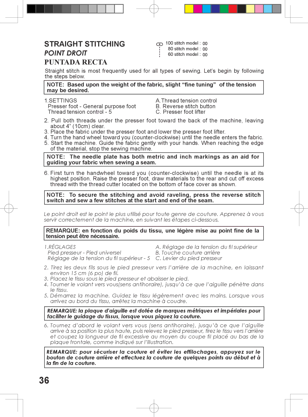 Singer 5400 instruction manual Straight Stitching, Puntada Recta 