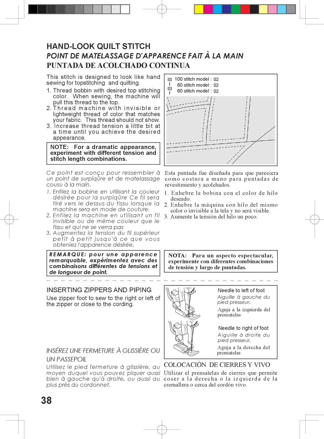 Singer 5400 instruction manual HAND-LOOK Quilt Stitch, Puntada DE Acolchado Continua, Inserting Zippers and Piping 