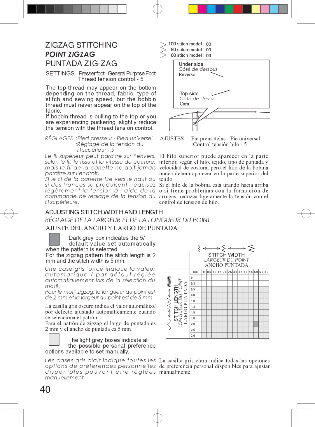 Singer 5400 Zigzag Stitching, Puntada ZIG-ZAG, Adjusting Stitch Width and Length, Ajuste DEL Ancho Y Largo DE Puntada 