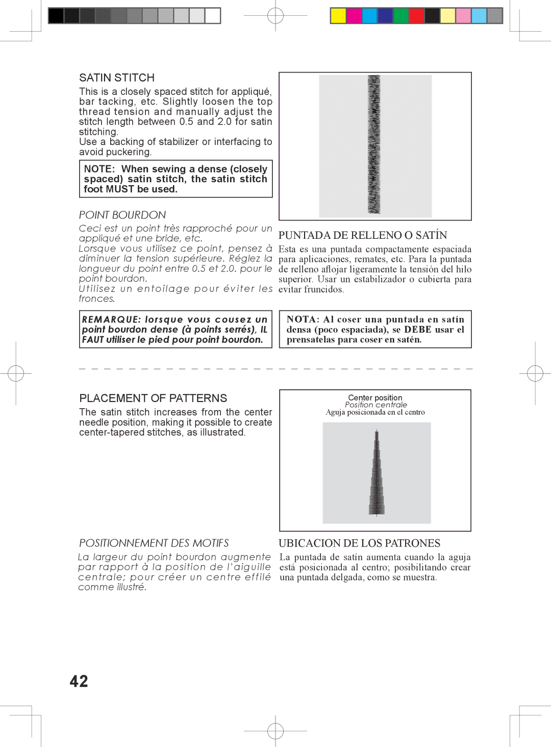Singer 5400 Point Bourdon, Positionnement DES Motifs, Puntada DE Relleno O Satín, Ubicacion DE LOS Patrones 