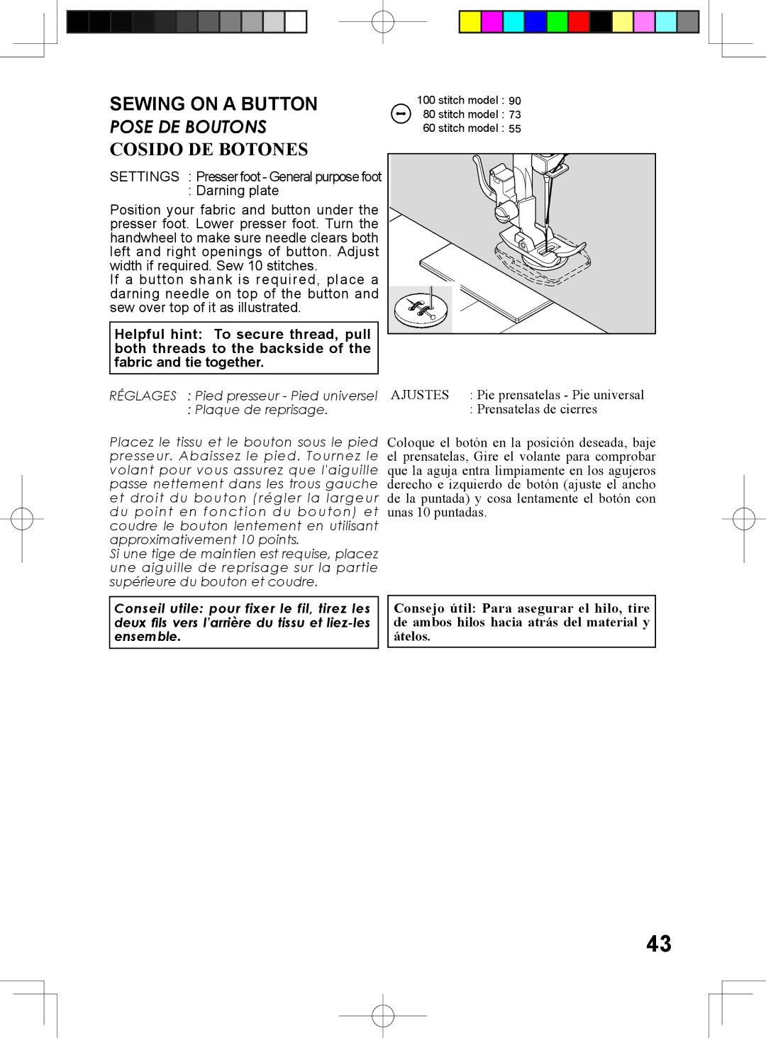 Singer 5400 instruction manual Sewing on a Button, Cosido DE Botones 