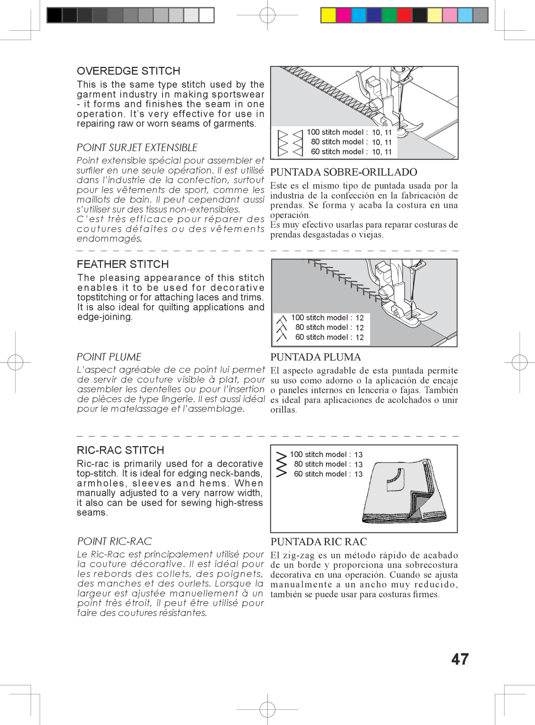 Singer 5400 instruction manual Puntada SOBRE-ORILLADO, Puntada Pluma, Puntada RIC RAC 