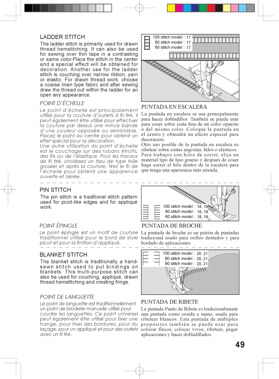 Singer 5400 instruction manual Puntada EN Escalera, Puntada DE Broche, Puntada DE Ribete 