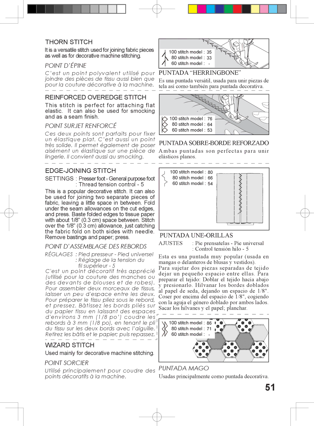 Singer 5400 instruction manual Puntada Herringbone, Puntada SOBRE-BORDE Reforzado, Puntada UNE-ORILLAS 