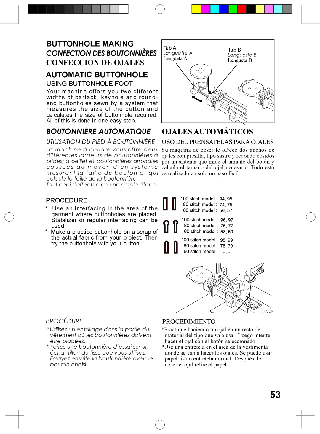 Singer 5400 instruction manual Buttonhole Making, Confeccion DE Ojales, Automatic Buttonhole, Ojales Automáticos 