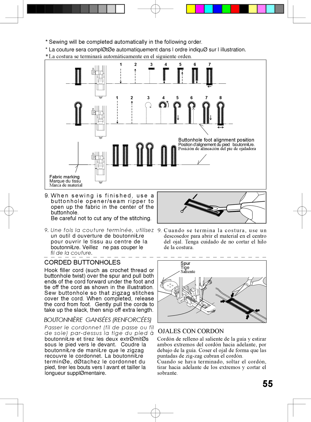 Singer 5400 instruction manual Corded Buttonholes, Ojales CON Cordon 