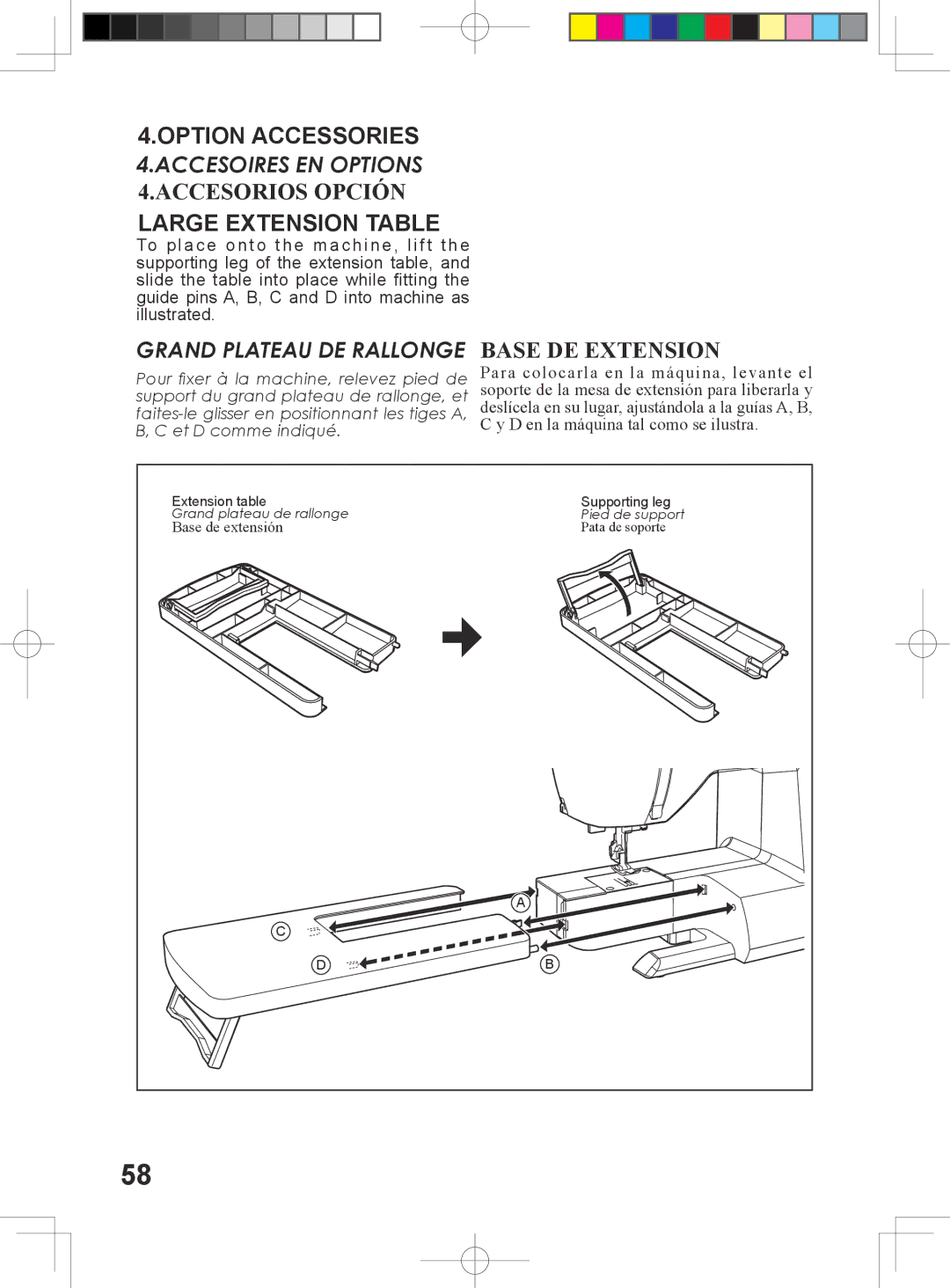 Singer 5400 instruction manual Option Accessories, Accesorios Opción, Large Extension Table, Base DE Extension 