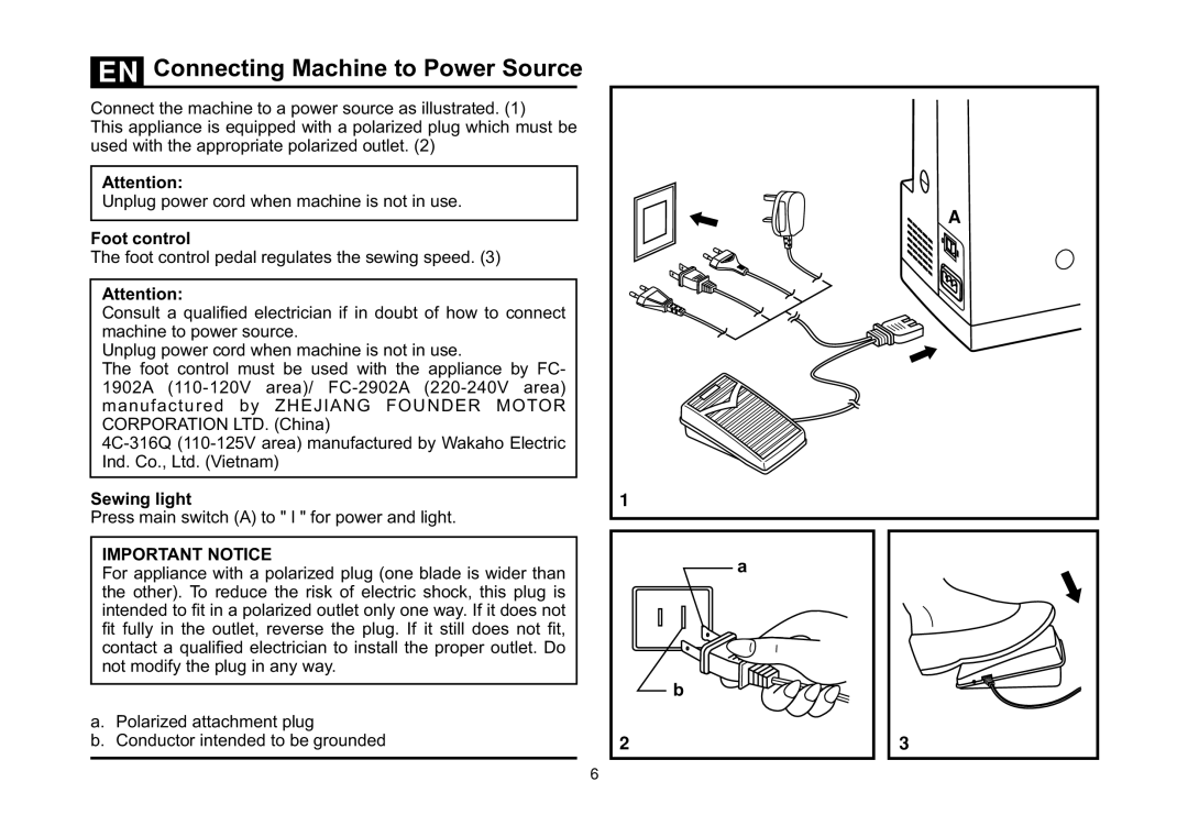 Singer 5523 instruction manual Connecting Machine to Power Source, Foot control, Sewing light 