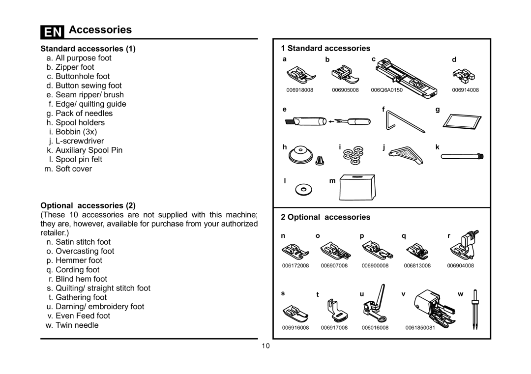 Singer 5523 instruction manual Accessories, Standard accessories 1 a. All purpose foot, Optional accessories 