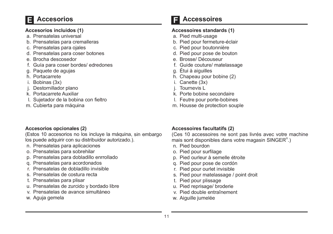 Singer 5523 instruction manual Accesorios, Accessoires 