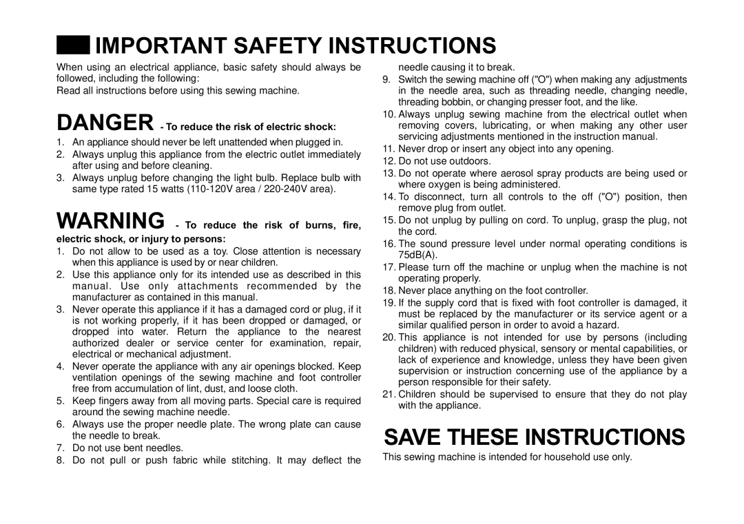 Singer 5523 instruction manual Important Safety Instructions 