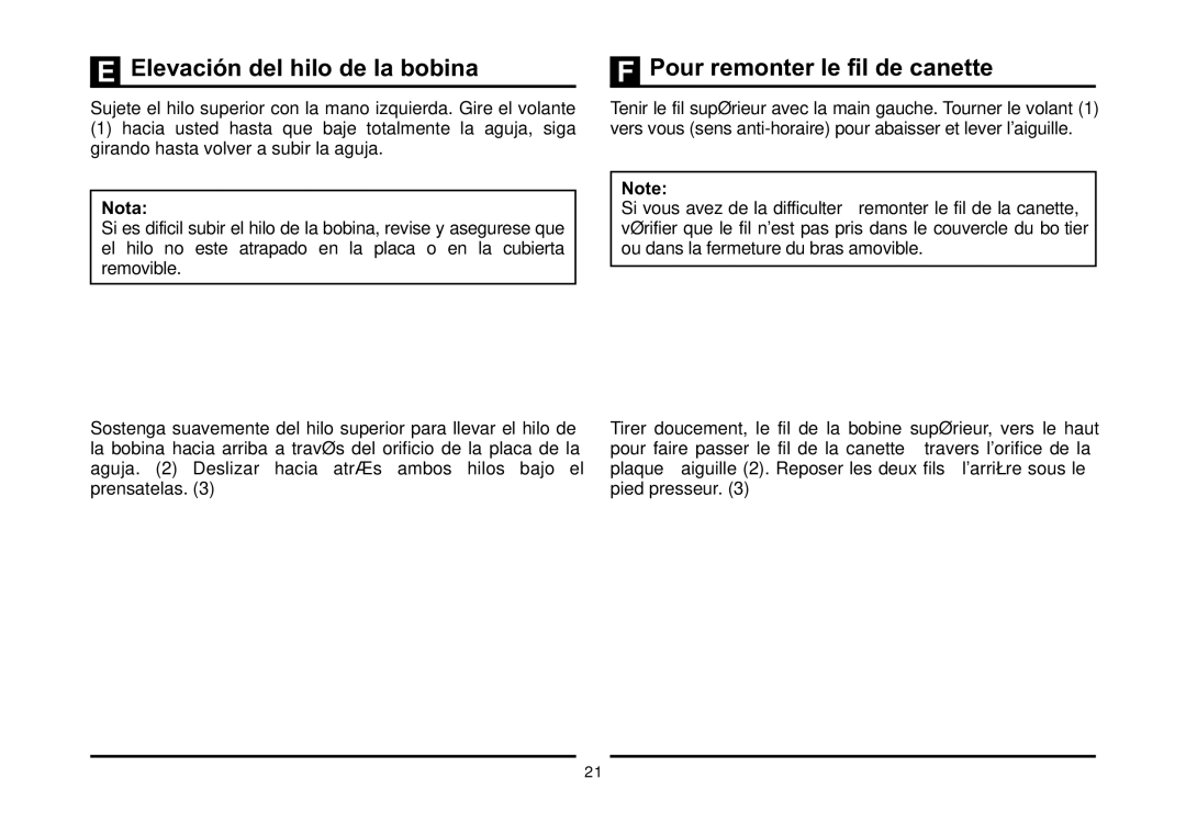 Singer 5523 instruction manual Elevación del hilo de la bobina, Pour remonter le fil de canette, Nota 