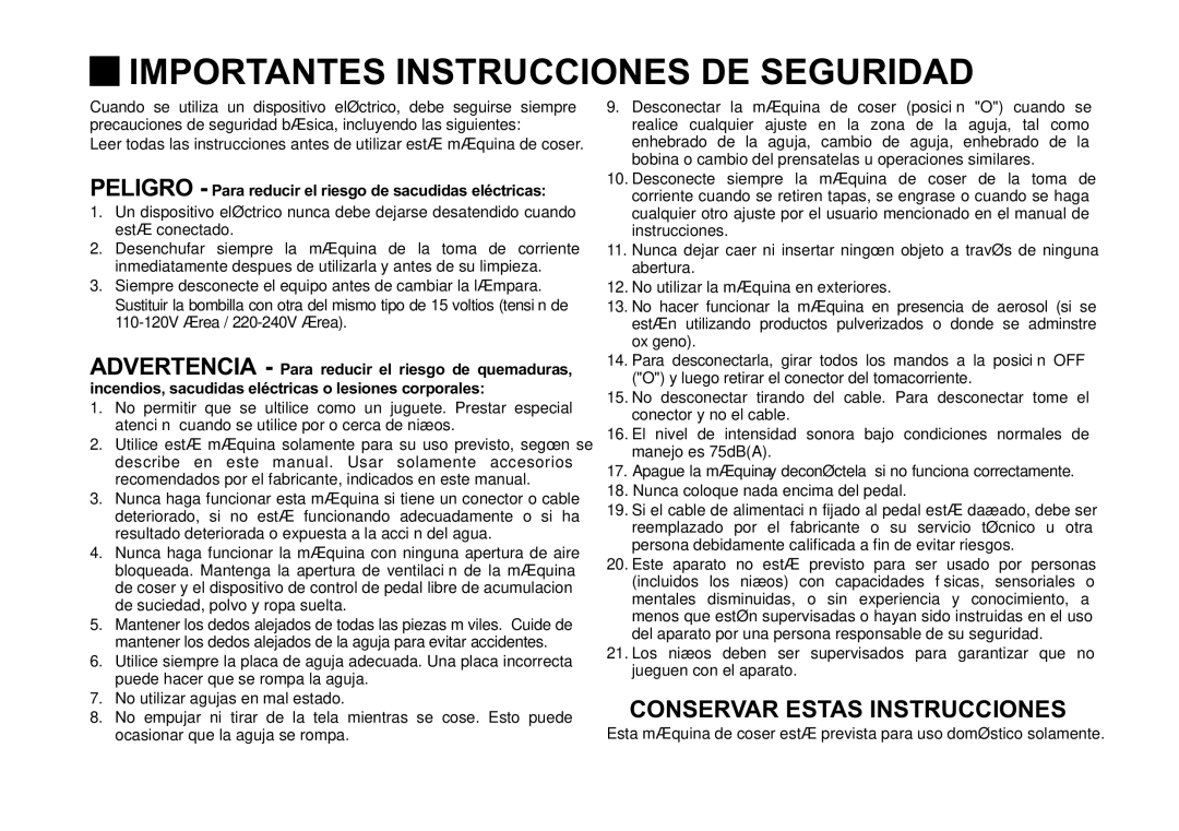 Singer 5523 Importantes Instrucciones DE Seguridad, Peligro Para reducir el riesgo de sacudidas eléctricas 